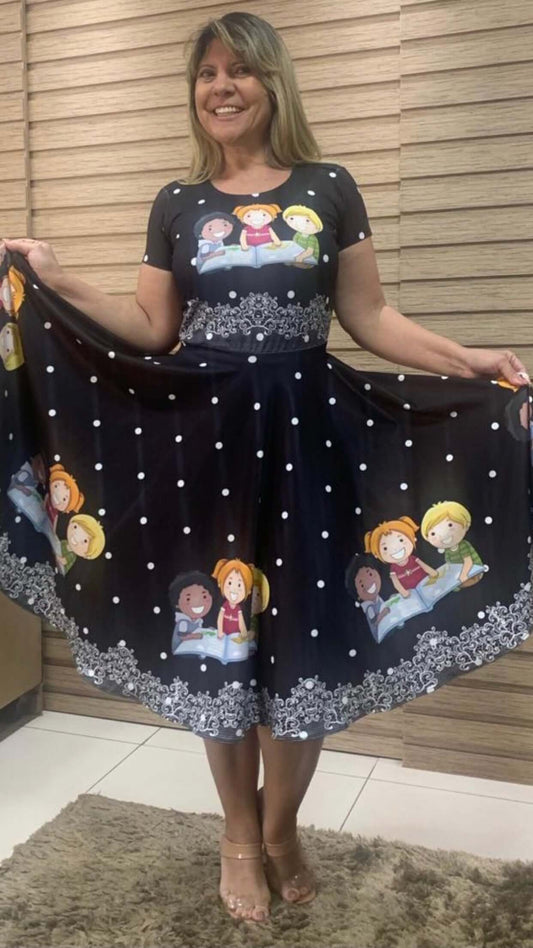 Vestido Uniforme - Bolinha Branca - Preto